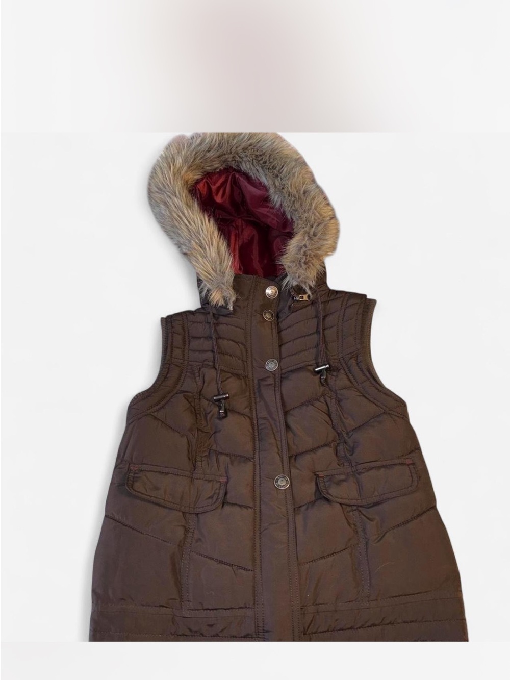 Womens Brown Puffer Vest with Faux-Fur Hood